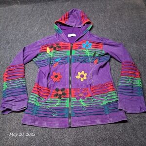 Happy Colors Full Zip Quilted Hooded Long Coat Women Size Large Purple Boho